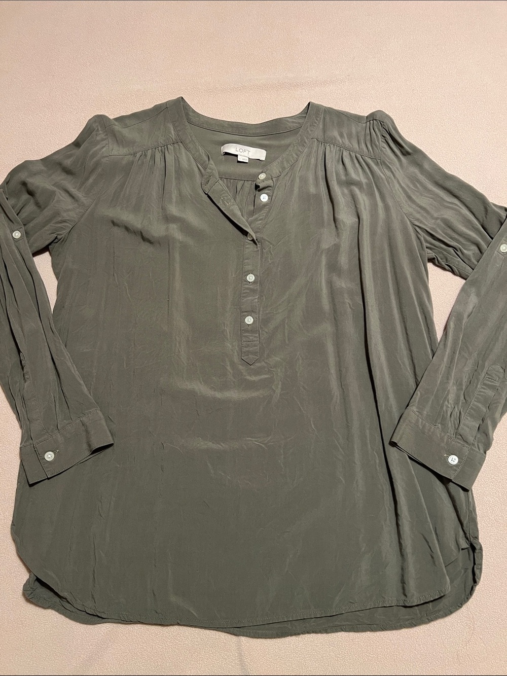 LOFT Olive Green Button-Front Long Sleeve Blouse L